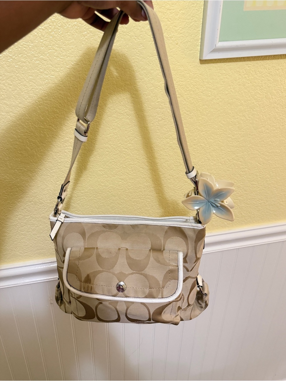 Vintage Beige Signature Print Shoulder Bag with Floral Charm